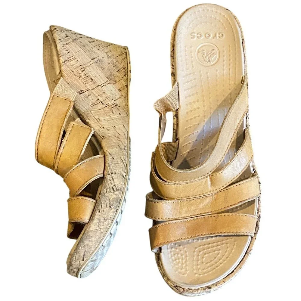 Crocs Aleigh Cork Wedge Sandals Sz 6 Tan #236H‎